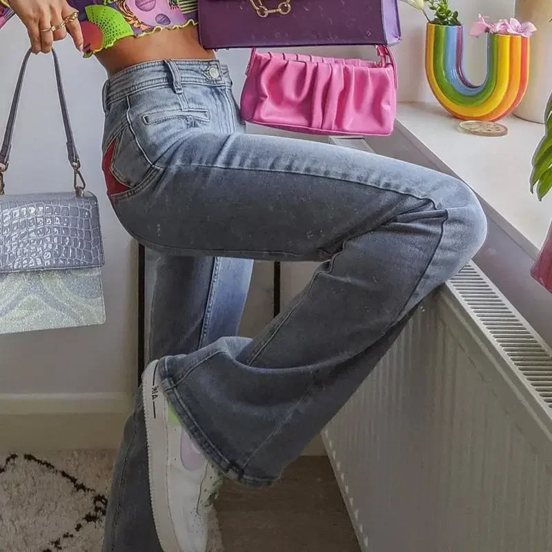 ريترو الخماسية نجمة مستقيمة المرأة الجينز النمط الأوروبي والأمريكي تصميم سليم صالح طول الساق كل مباراة السراويل MN1