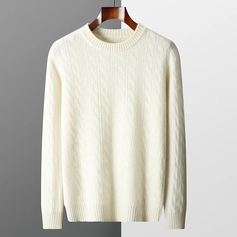MVLYFLRT Men's 100% Merino Wool Knitted Sweater round Neck Long Sleeve Thick Pullover Casual Warm Autumn Winter Clothing