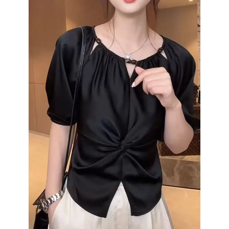 Korean New Women's Crew Neck Hollow Out Beading Elegant Fashion Slim All-match Short Sleeve Folds T-shirt TopsYY108