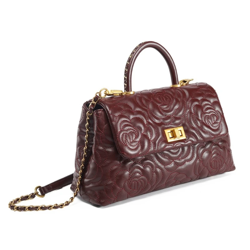 

Vintage Style Small Square Leather Crossbody Bag for Women Embroidered Tea Rose Pattern Feel Chain Handbag