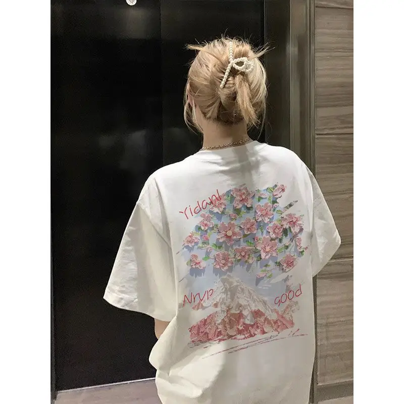 EBAIHUI American Vintage Casual Short Sleeved T-shirt Summer Loose Print Versatile Women's T Shirt Korean Flower Tee