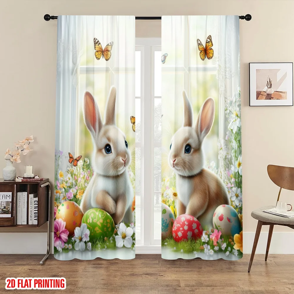 

2pc,2D plane printing Light Filtering Curtains Springtime Hoppiness Versatile Durable Polyester (without rod) All Seasons Use