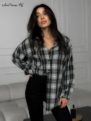 Mnealways18 Fashion Diamond Checked Shirts Women Turn Down Collar Oversize Gingham Blouses And Tops Streetwear Autumn 2024 Lady