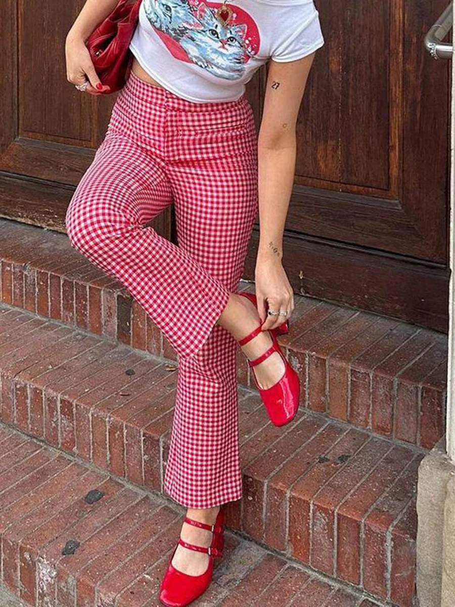 Womens Plaid Wide Leg Flare Pants High Waist Baggy Checkerboard Printed Straight Leg Trousers Joggers Streetwear