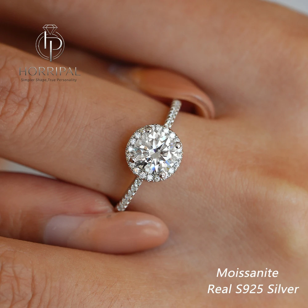 1CT 2CT 3CT Round Halo D Color Moissanite Ring for Women S925 Silver Half Pave Band Engagement Wedding Promise Fine Jewelry