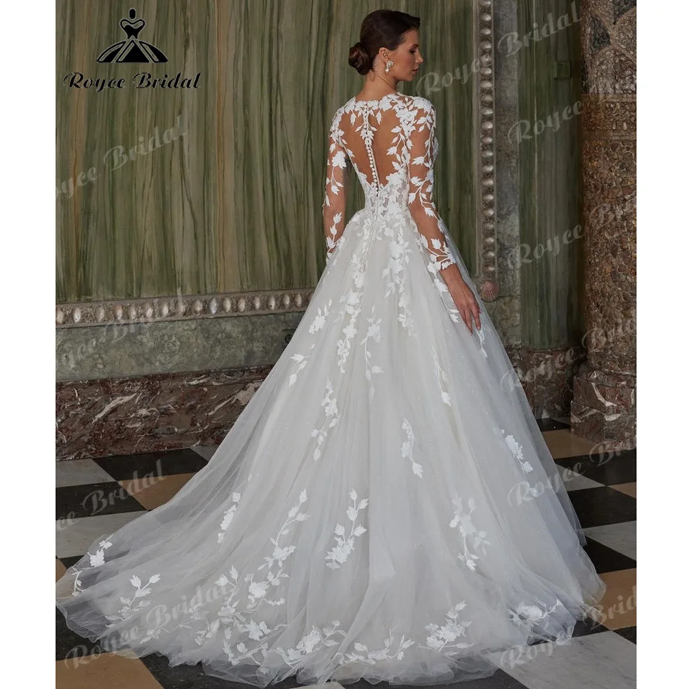 Long Sleeve Deep V Floral Lace Wedding Dress Sparkle Tulle Illusion Back Button Chapel Train Garden Bridal Gown Customized