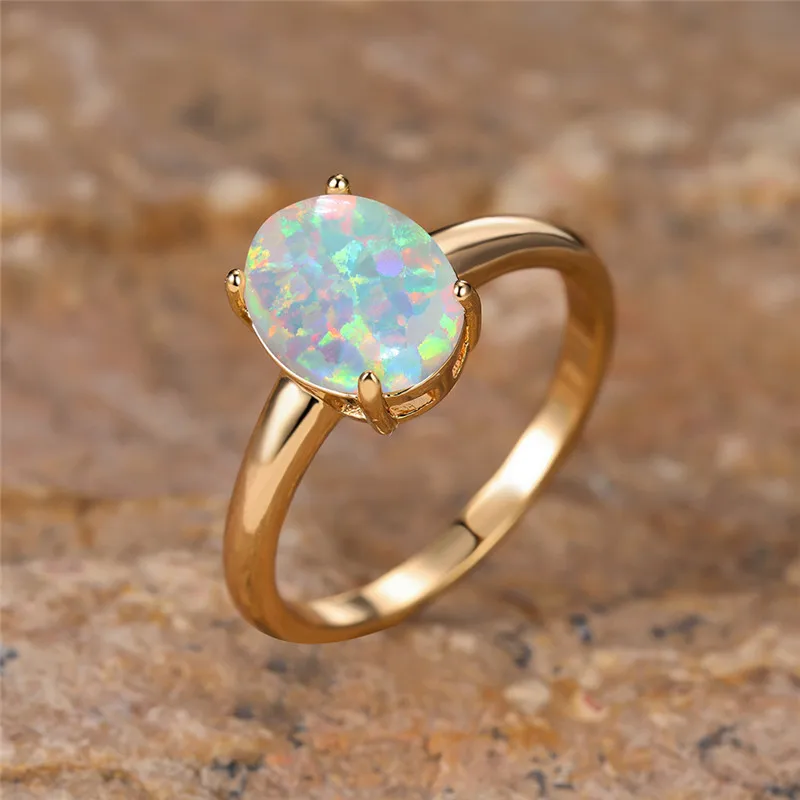 White Fire Opal Egg Ring Big Oval Stone Engagement Rings For Women Vintage Gold Color Wedding Bands Jewelry Minimalist Accessory