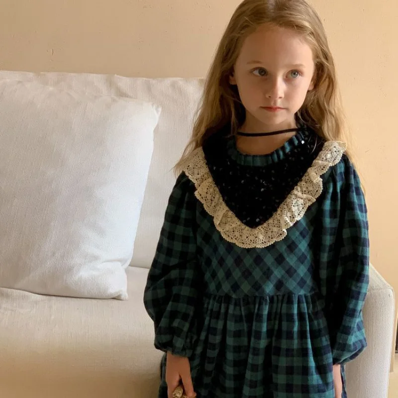 

Korean Girl's Dress Spring New Children's Lace Trim Collar Plaid Retro Stylish Princess Dress