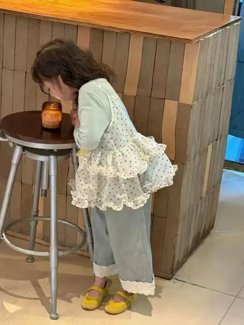 Girl's Korean Style Spring Set 2026 New Children's Western Style Polka Lace Strap Top Wide Leg Jeans 3