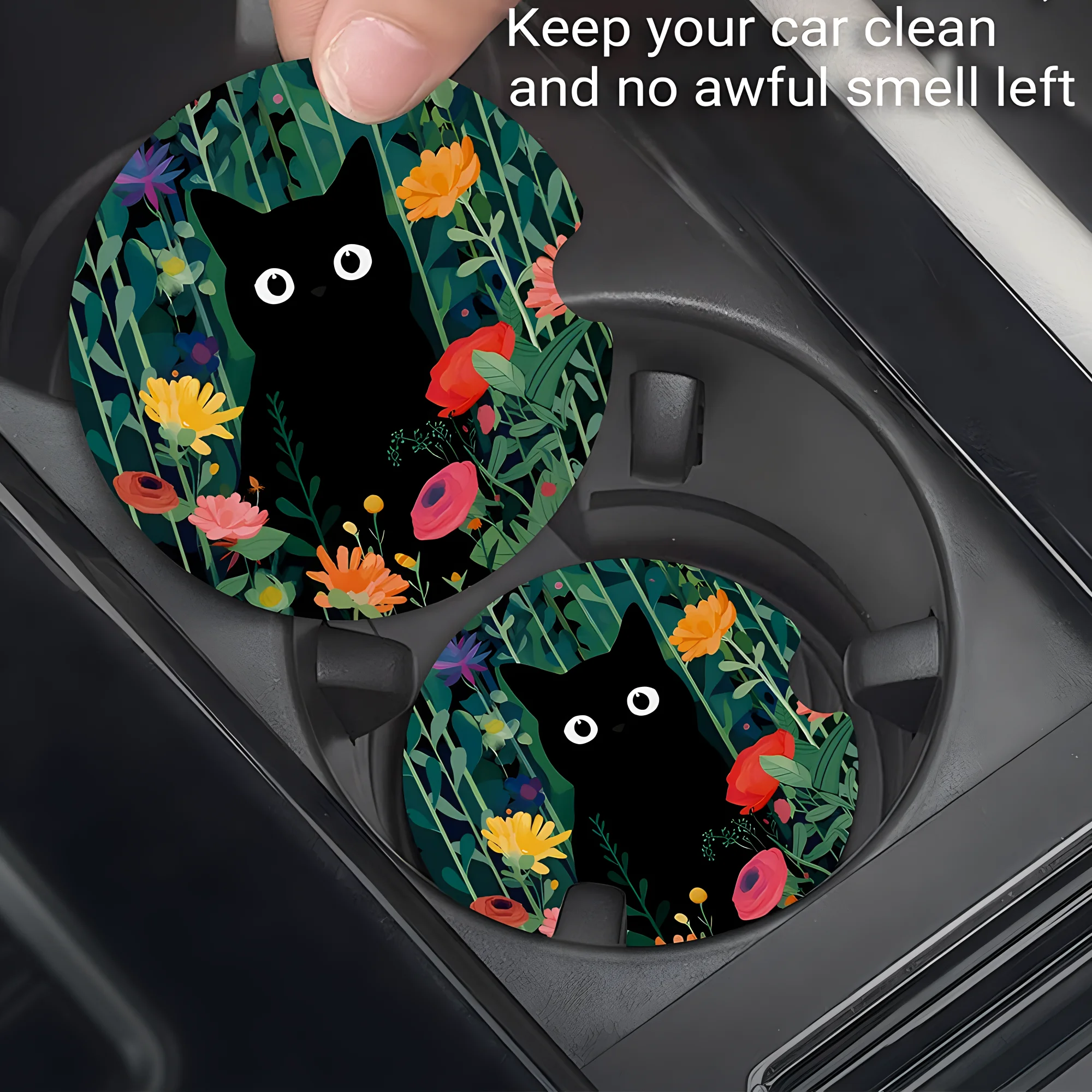 2Pcs Set Car Coaster, Car Cup Holder Protective Decorative Pad, Keep Clean, Prevent Scratches ,Black Cat Pattern