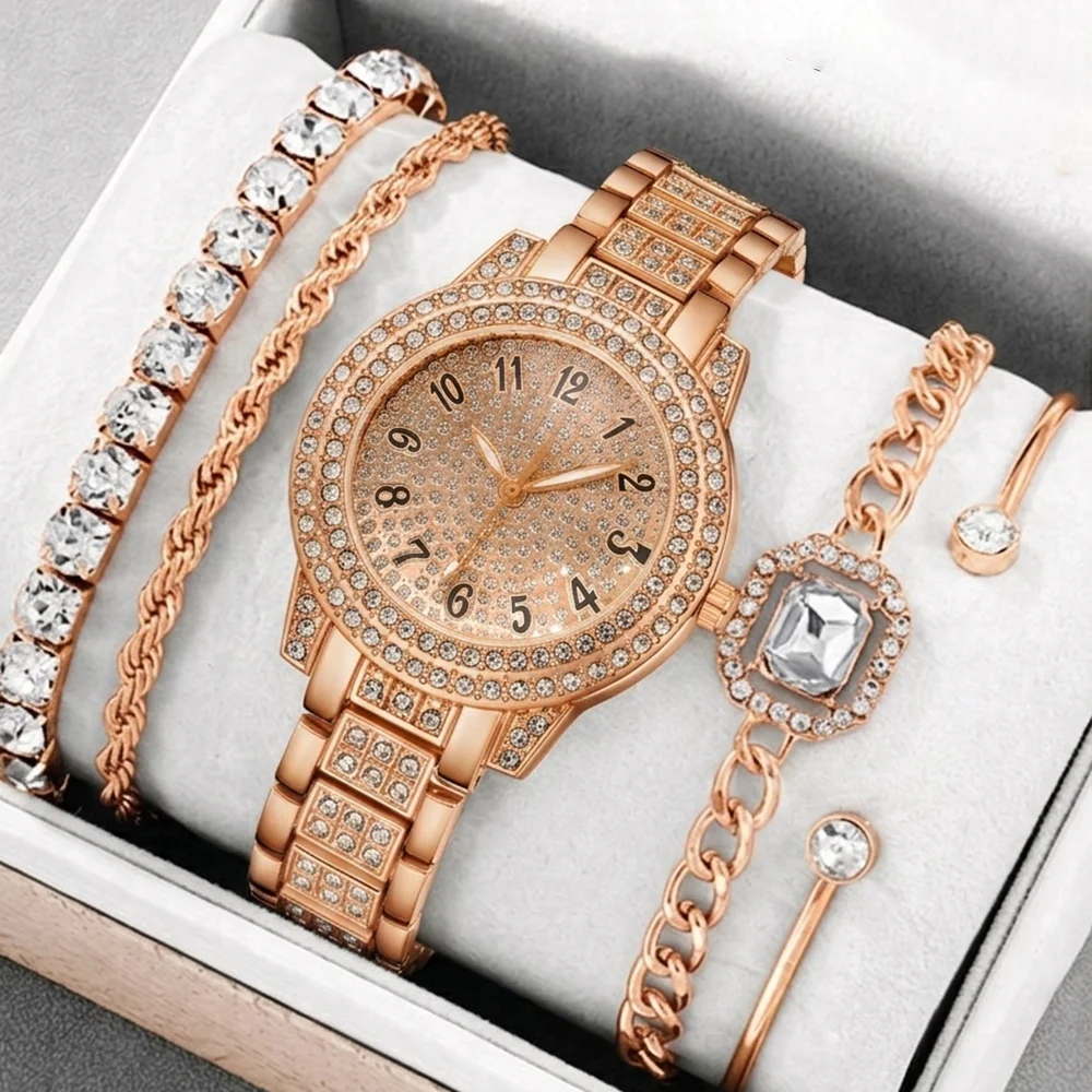 5Pcs/Set Unisex Jewelry Watches Women's Wristwatch Accessories Rose Gold Trendy Fashion Elegant Classic Rhinestone Luxury Digital Scale Round Dial Quartz Watch Set Y2K Suitable for Travel, Parties, Daily Outfits, Perfect Birthday and Holiday Gift