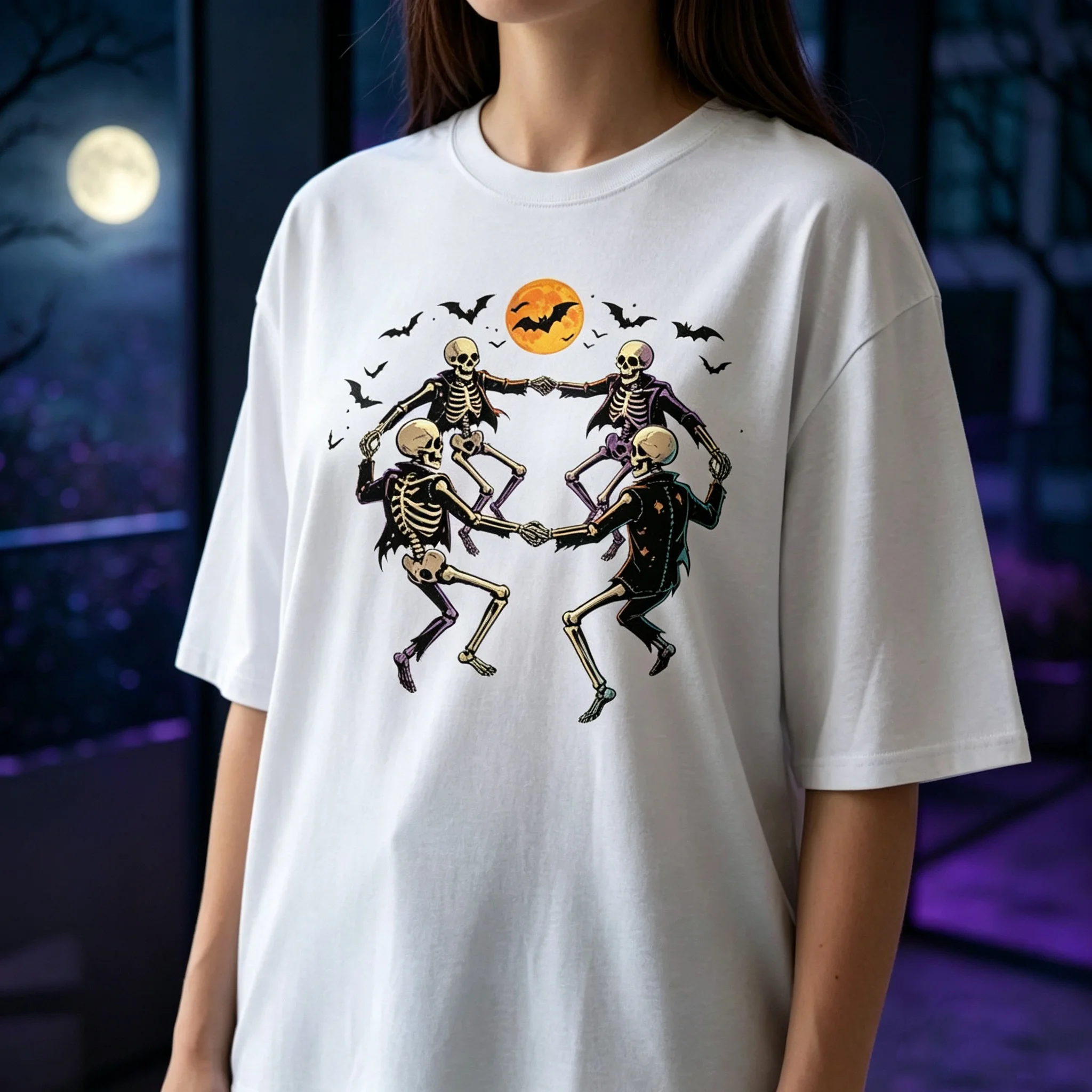 Halloween Dancing Skeleton Graphic T‑Shirt Retro Moon Bat Print Crewneck Unisex Spooky Casual Short Sleeve Tee