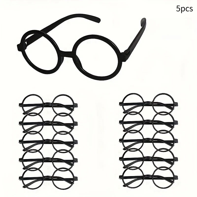 5pcs Black Plastic Round Frame Glasses, No Lenses, Suitable As Detective Costume Additions, Theme Party Outfits