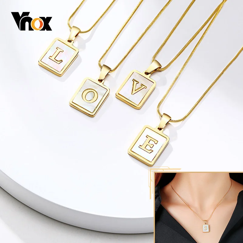 Vnox Elegant Square Shell Initial Necklace for Women Gold Color Stainless Steel Pendant Letter Name Charm Fashin Lady Party Gift