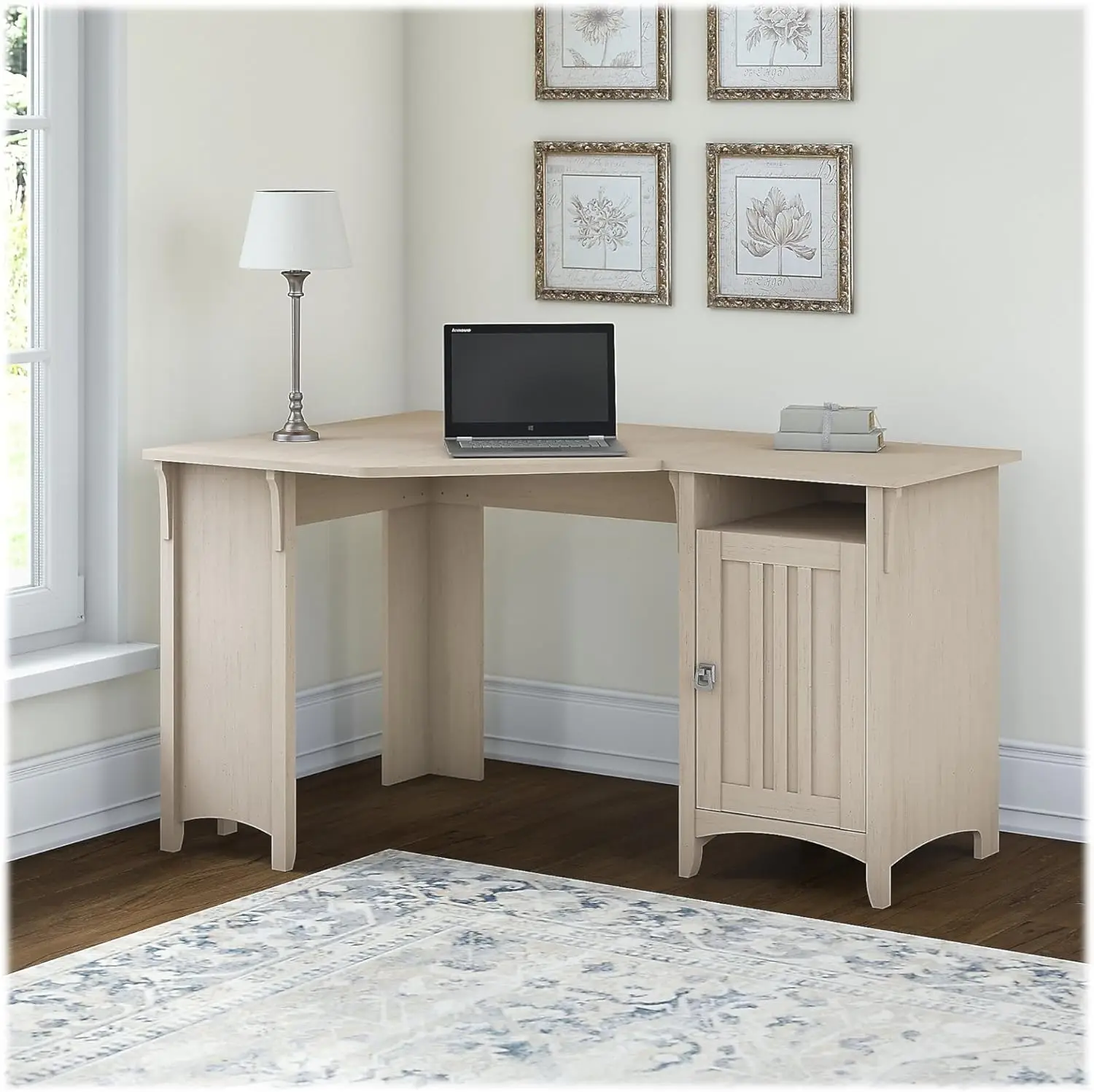 55 Inch W Corner Desk with Storage Cabinet, Antique White (SAD155AW-03)