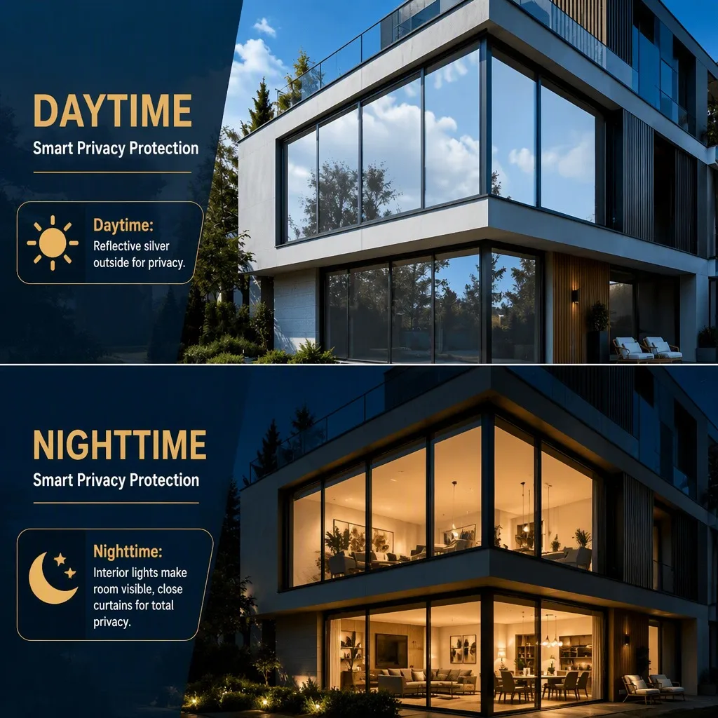 One Way Mirror Privacy Window Film Sun Block Heat Control UV Protection Static Cling Removable for Home Office Glass Door