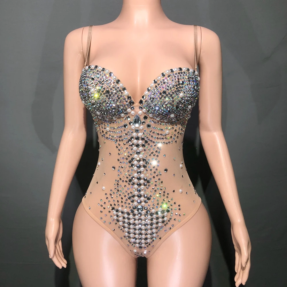 Costume de Scène Sexy en Maille Transparente avec Strass pour Femme, Justaucorps de Chanteur, brev, Photographie