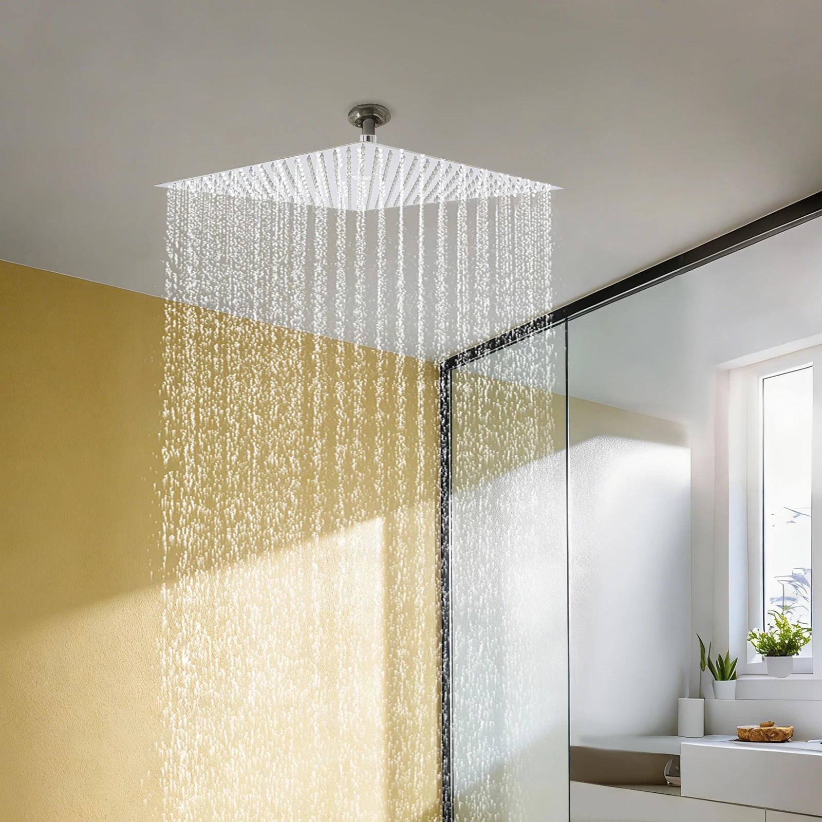 Pommeau de douche carré de 16 pouces, en acier inoxydable 304, haute pression, avec filtre intégré, buses en silicone autonettoyantes, connexion universelle 3/4 pouces, installation facile pour salle de bain et hôtel