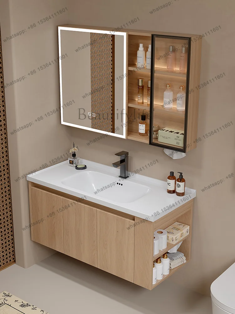 Log color honeycomb aluminum bathroom cabinet combination with side storage cabinet ceramic integrated basin