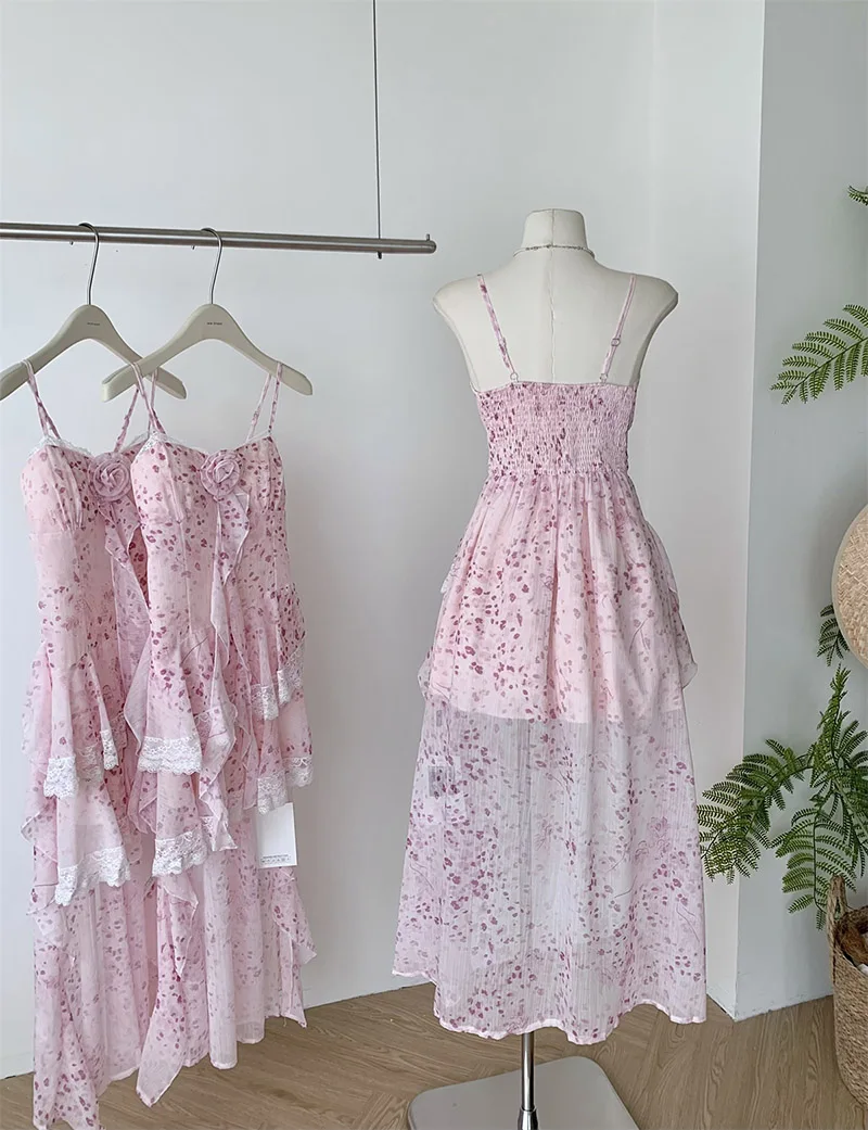 Y2K Unregelmäßige Kleid Frauen Mode Party Floral Spitze Spaghetti Strap Kleider Sommer Urlaub Frankreich Rüschen Bodycon Vestidos