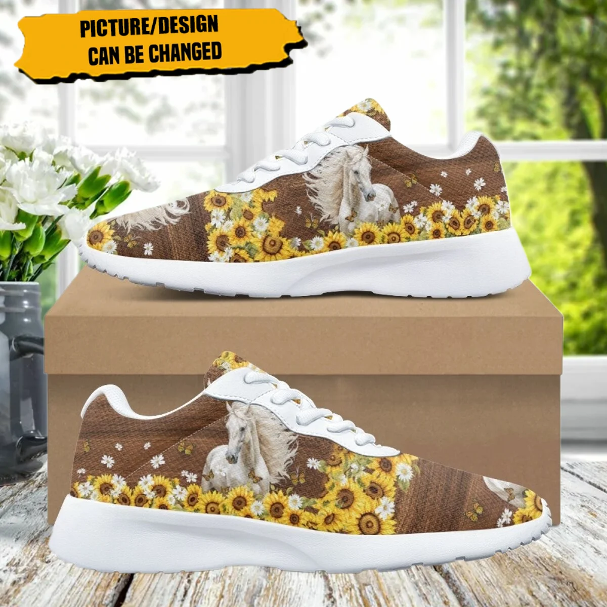 Sunflower Daisy Horse Pattern Design Women Running Shoes Flats Outdoor Sports Unisex Sneakers Teen Girls Comfort Lace-up Zapatos