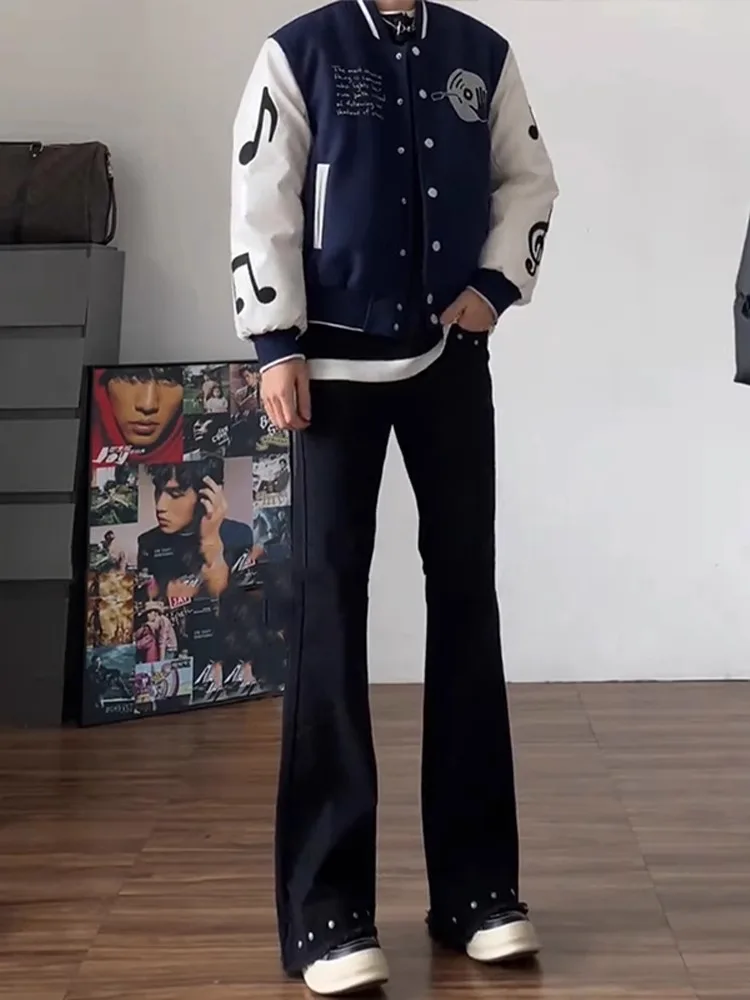 

American Sle Rivet Flared Jeans Men's CleanFit Waed Bla Straight Slim Le Blade Pants mid Waist Zipper Spring Youth Trend