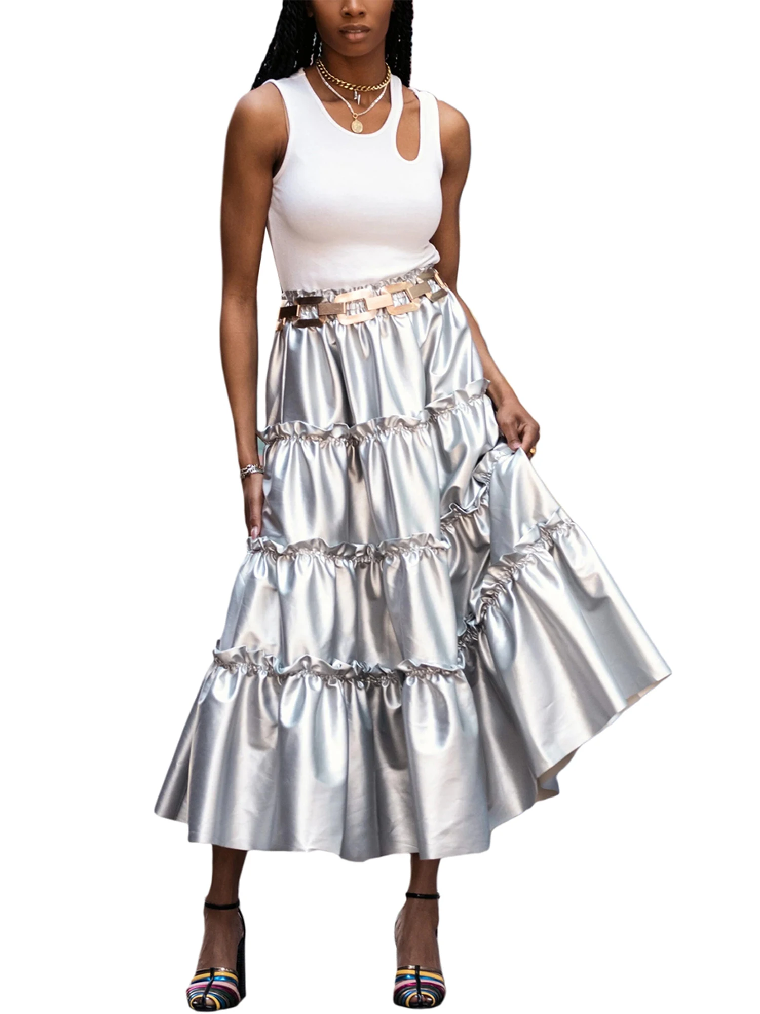 

Women s Sparkling Sequin Embellished A-line Midi Skirt - Glamorous Shimmering Pleated Layered Silver Skirt with Flowy and