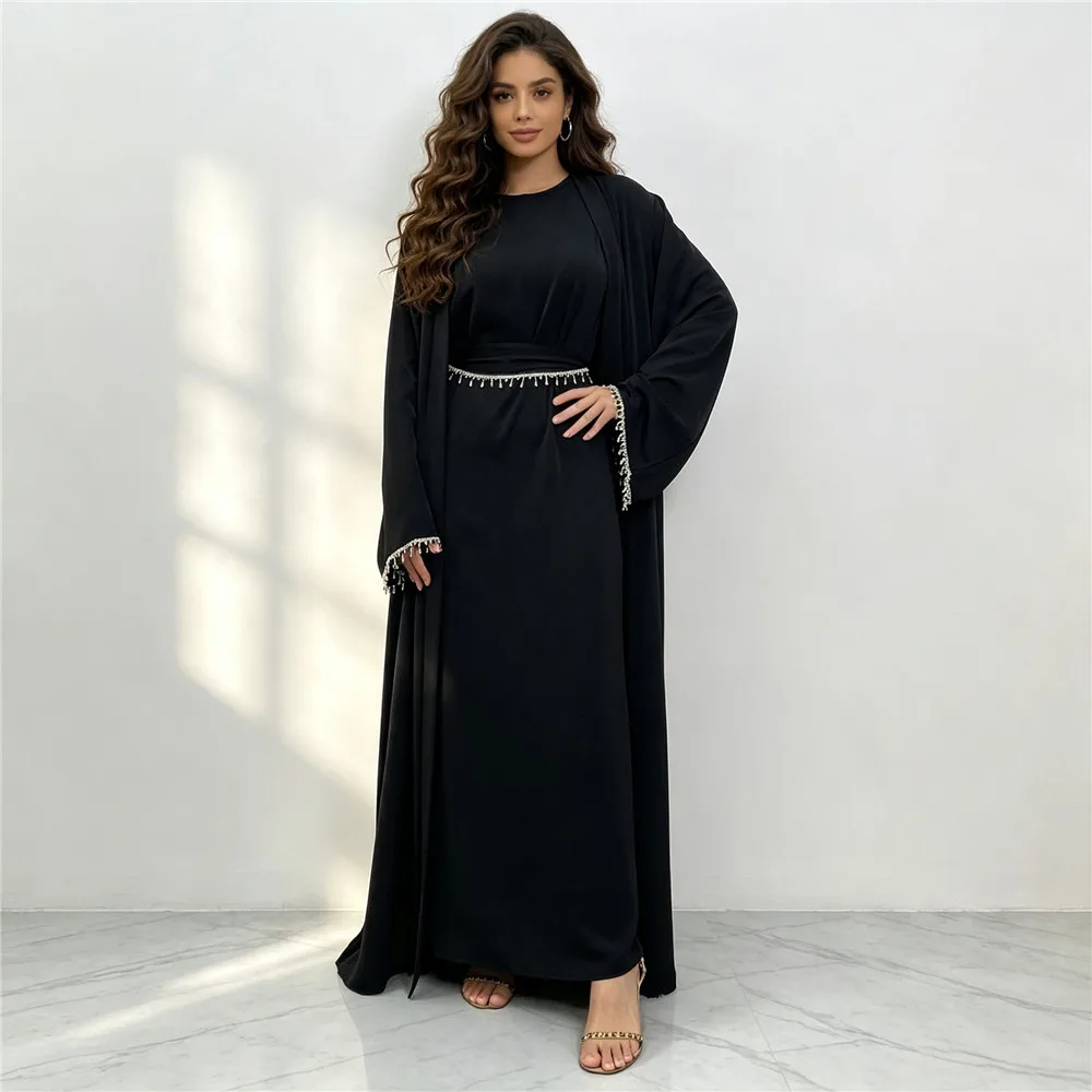 Eid Muslim Abaya Women 2 Piece Set with Inner Dress Diamond Kimono Cardigan Ramadan Abayas Kaftan Dubai Long Robe Vestidos Largo