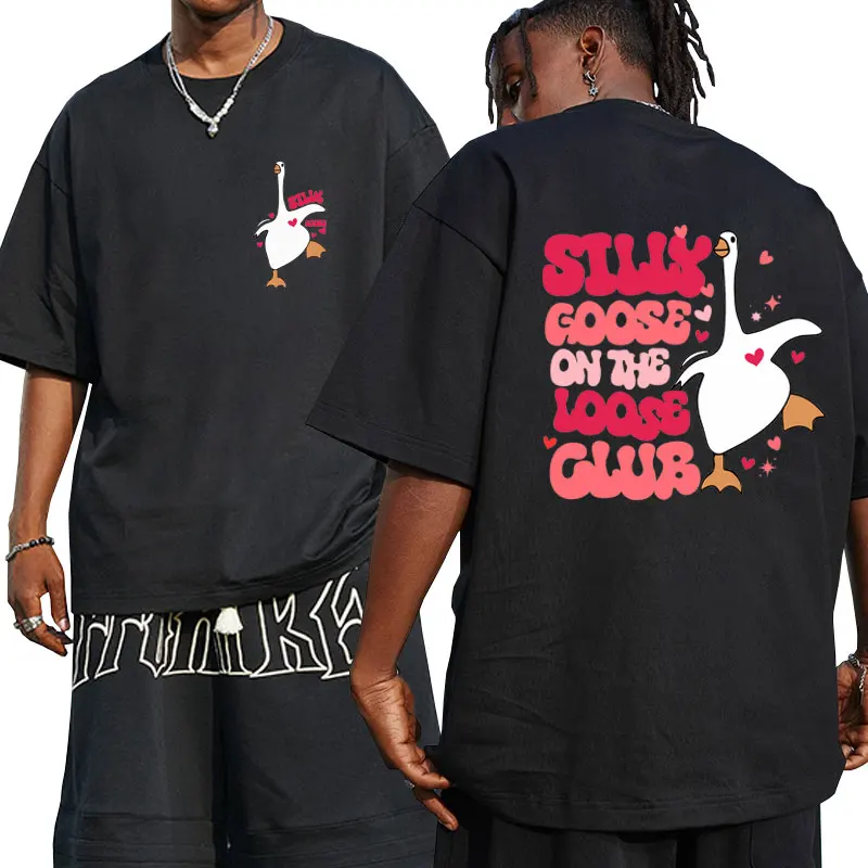 

Silly Goose on The Loose T-shirt Valentine Goose Crewneck Short Sleeve T Shirt Couples Cartoon Harajuku T-shirts Short Sleeve