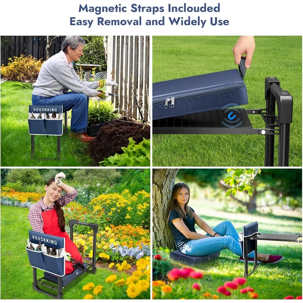 Asiento plegable para arrodillarse de jardín con almohadilla suave y gruesa, taburete resistente de 350 libras, bolsa de herramientas de jardinería para hombres y mujeres
