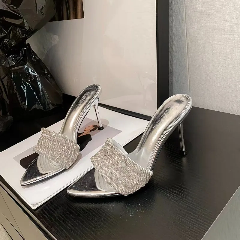 2026 High Quality Stiletto Heel Sandals New Fashion Silver Beach Party Outdoor Women's Slippers Size 35-40