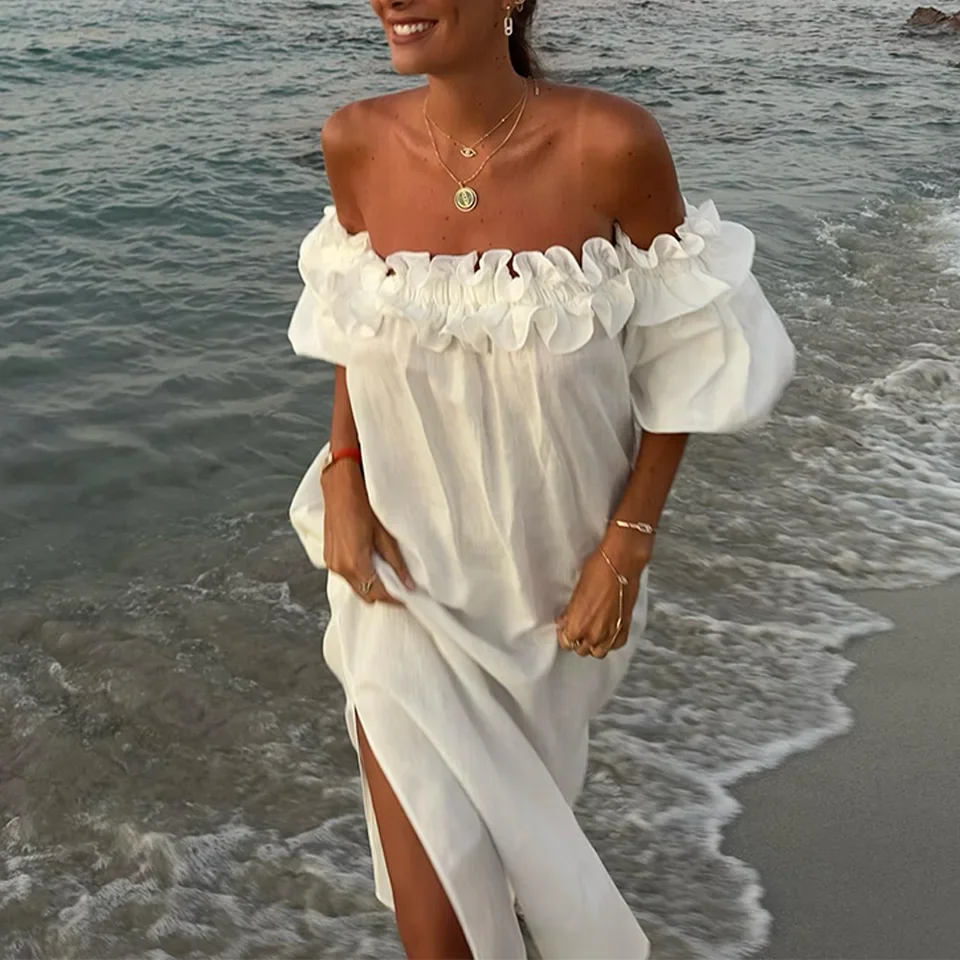

2025 Summer Women Long Skirt White Off-shoulder Fluffy Sleeves Elegant Dress Women Fashionable Casual Vacation Beach Wear Women