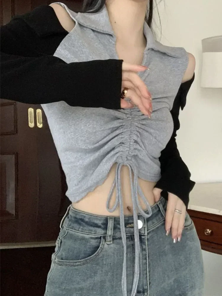 

Woman T Shirts V-neck Long Sleeve Drawstring Tees Hollow Out Off Shoulder T Shirt Y2k Tops Fashion Casual Korean Streetwear