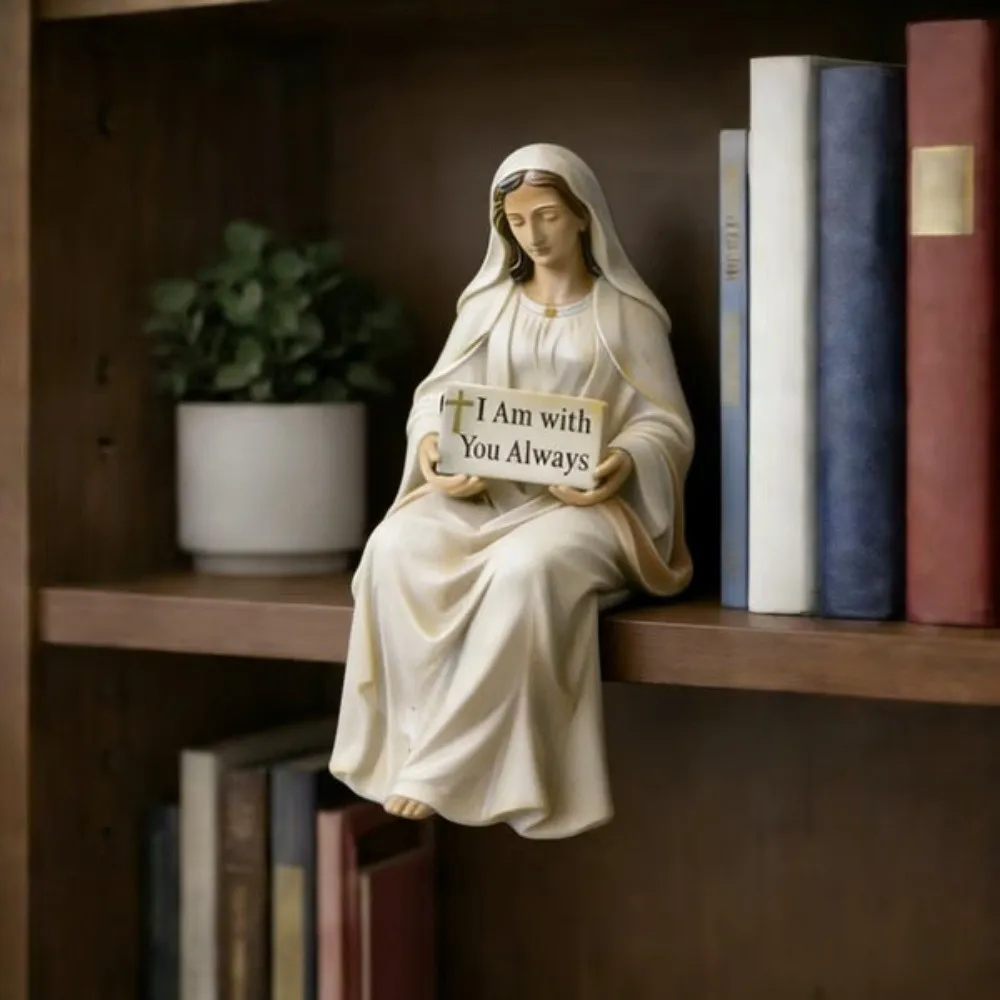 Estátua de Resina Jesus Sentado, Material de Resina, Companheiro de Mesa, Estátua da Virgem Maria com a inscrição 'Estou Contigo Sempre'