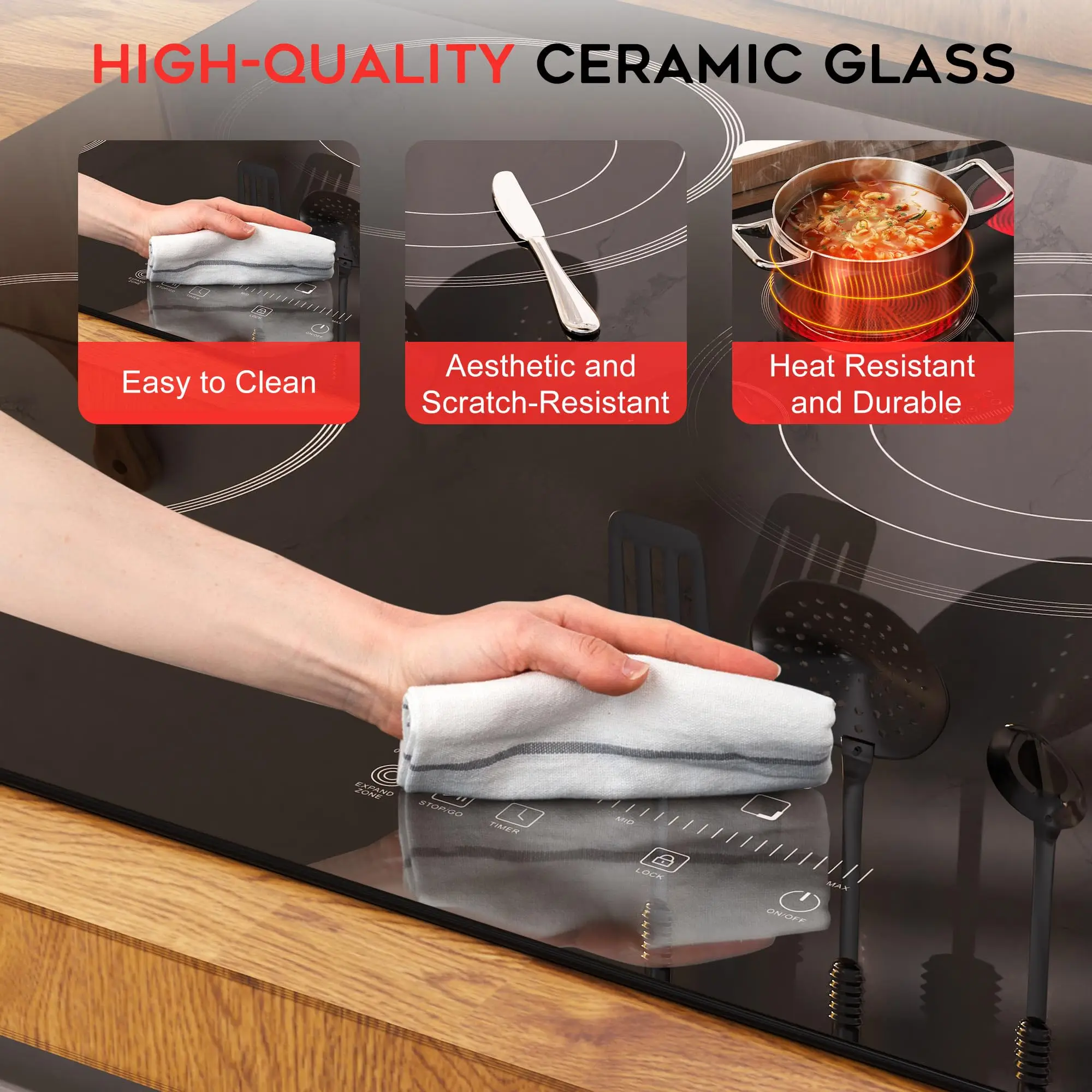 موقد كهربائي Noxton مقاس 30 بوصة، موقد كهربائي 5 شعلات، موقد زجاجي مدمج، حلقة ثلاثية، سلك صلب 220-240 فولت (بدون توصيل)