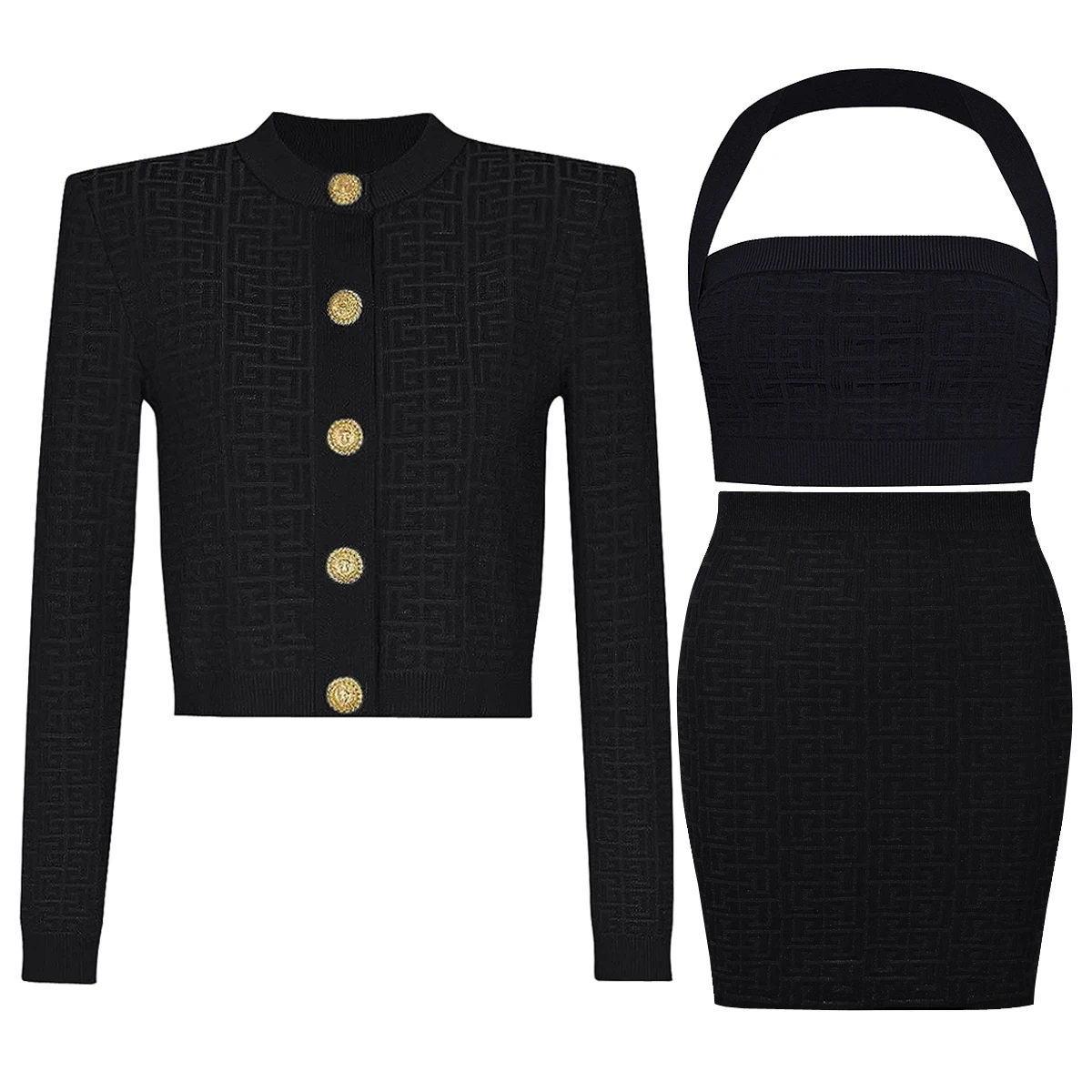 

High Quality New Fashionable Knitted Texture Button Cardigan Hanging Neck Vest Slim Fit Short Skirt Sexy Women's Three Piece Set