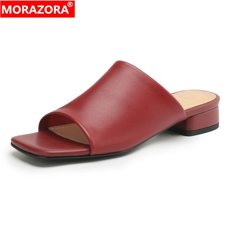 

MORAZORA Large Size 34-43 New Genuine Leather Slippers Open Toe Low Heels Pull On Summer Mules Ladies Fashion Party Dress Shoes