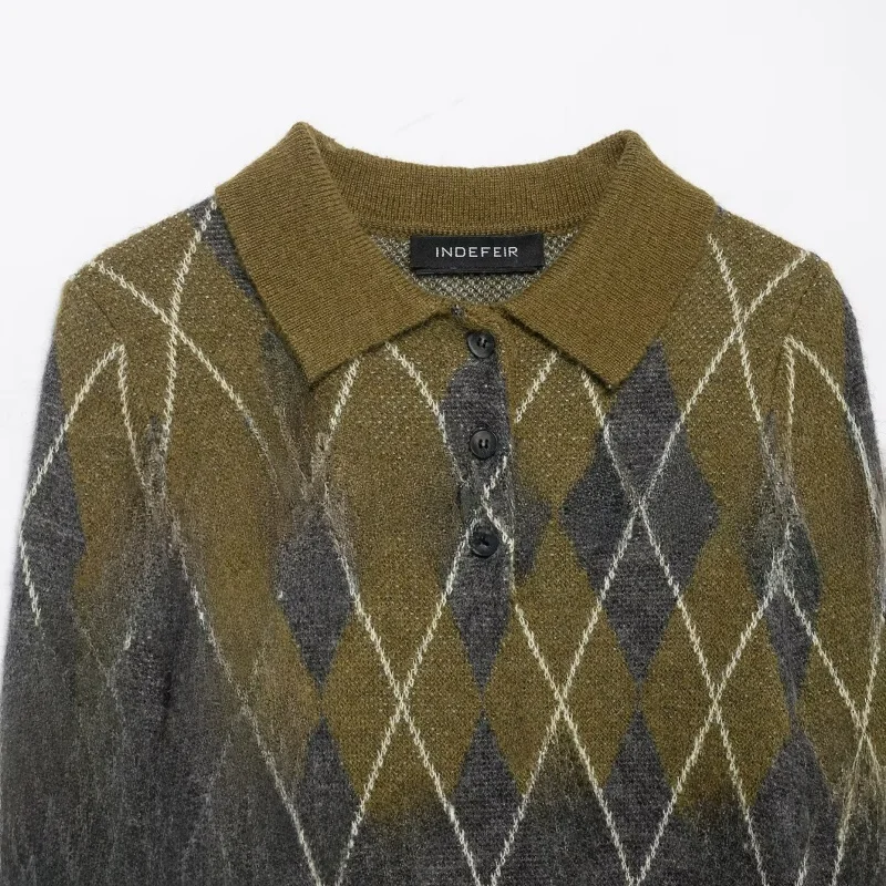 Rétro diamant motif col tricots Olive een couleur Blo haut ajusté pour les femmes automne hiver nouveau Sle