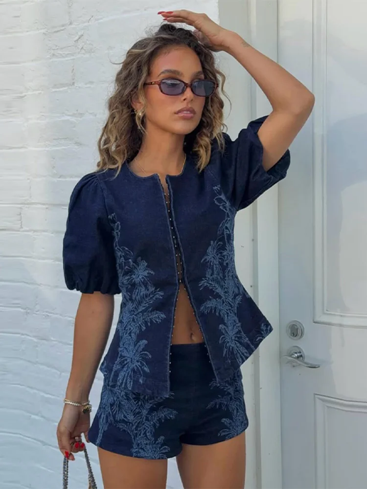 Chic Print Women's Shirt Shorts Suit Slim Short Sleeve O-neck Single Breasted Shirts High Waist Short Pant 2026 Autumn Lady New
