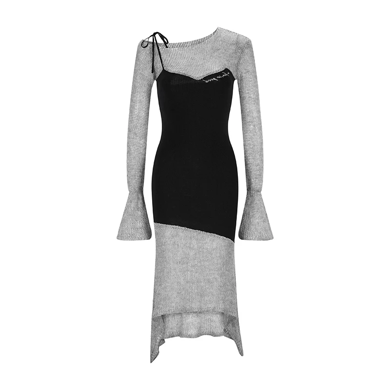 Fashionable Avant-garde Design False Two-piece Patchwork Irregular Fishtail Wool Sling Dress Streetwear Women Clothing Sexy Y2k