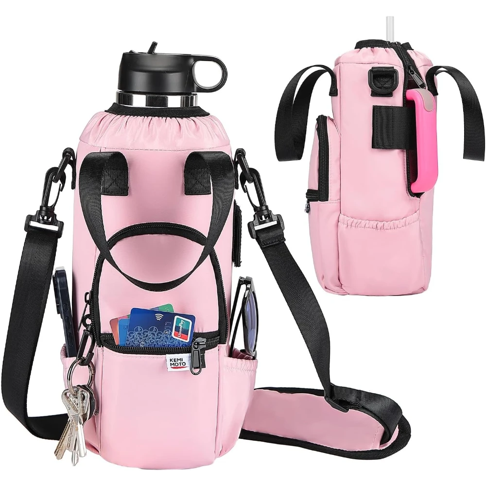 

30oz Water Bottle Holder Bag with Phone Pocket & Adjustable Strap fits Handle or Non-Handle Tumblers for Outdoor Travel Hiking
