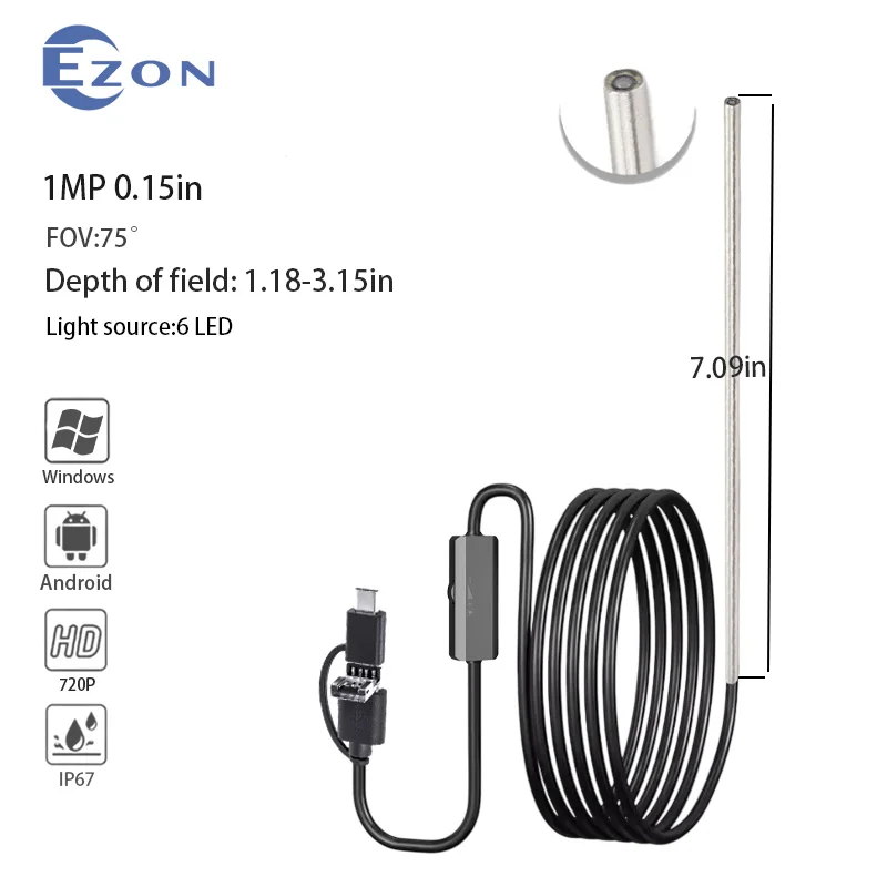 OV9734 1MP 0.15inch 75°Lens Rifle Borescope Camera Digital Hunting Cleaning Scope with 6LED 1.5m USB 3-in-1 Soft Cord endoscope