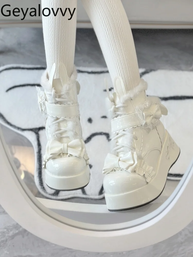

Japanese Original Lolita Cute Girls Bow Snow Boots Versatile Fleece Thick Sole Sweet Warm Winter PU Cotton Shoes for Women