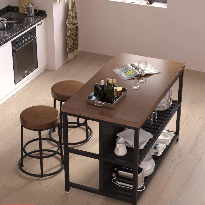 Industrial style open kitchen dining side cabinet bar integrated table removable cooking table wrought iron sddle island cabinet