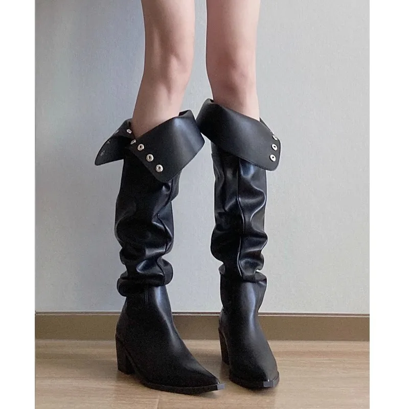 Botas por encima de la rodilla con punta puntiaguda y hebilla de metal, botas altas de montar para mujer, tacón grueso, botas delgadas con estilo