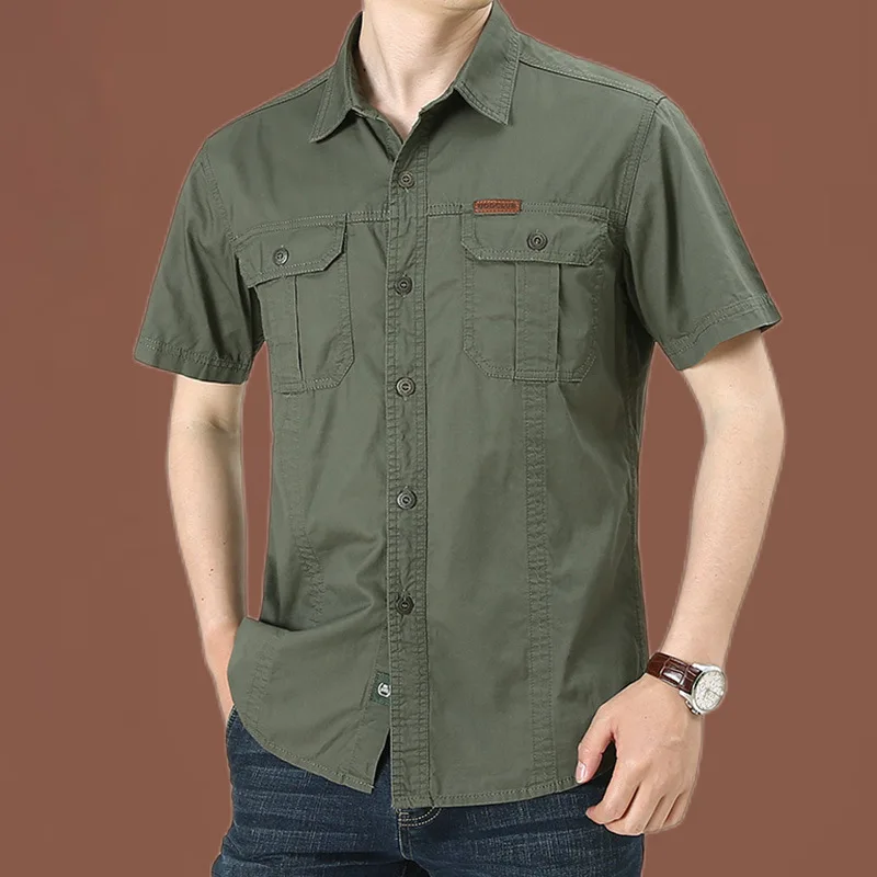 2022 Novo Verão Denim Manga Curta Homens Camisas 100% Algodão Exército Militar Camisas Casuais Caminhadas Ao Ar Livre Pesca Roupas Plus Size