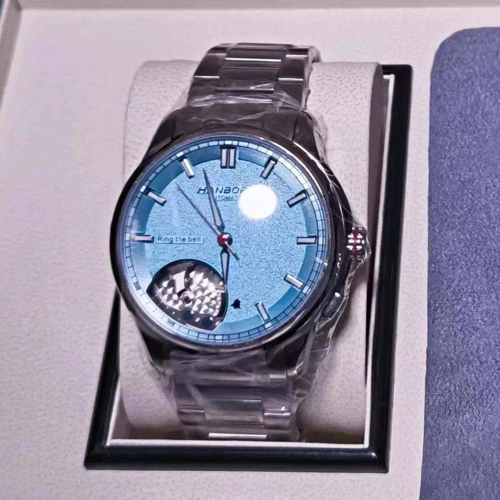 HANBORO Men Automatic Watch 41.5MM Alarm Mechanical Wristwatch Waterproof Sapphire Mirror Luminous Gradient Dial Miyota 9015