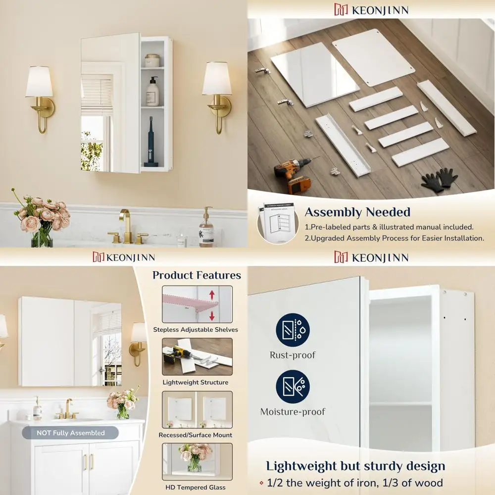 

Modern 16x24 Inch White Bathroom Medicine Cabinet with Mirror, Assembled, Lightweight, Adjustable for Contemporary Style