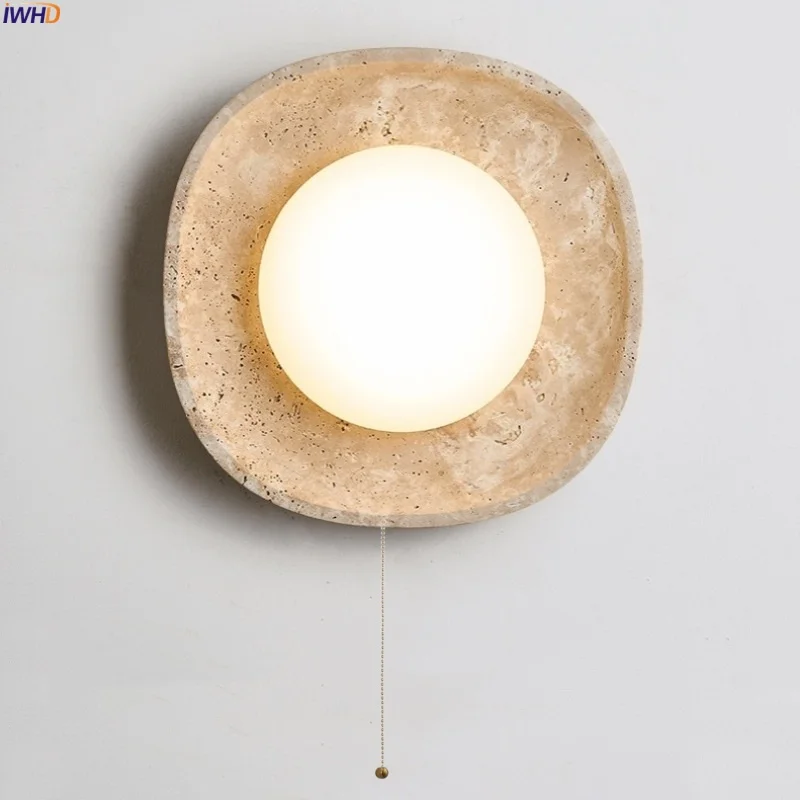 

IWHD Vintage Wabi Sabi LED Wall lamps For Bedroom Yellow Travertine Pull Chain Switch Bathroom Mirror Stair Light Aplique Pared