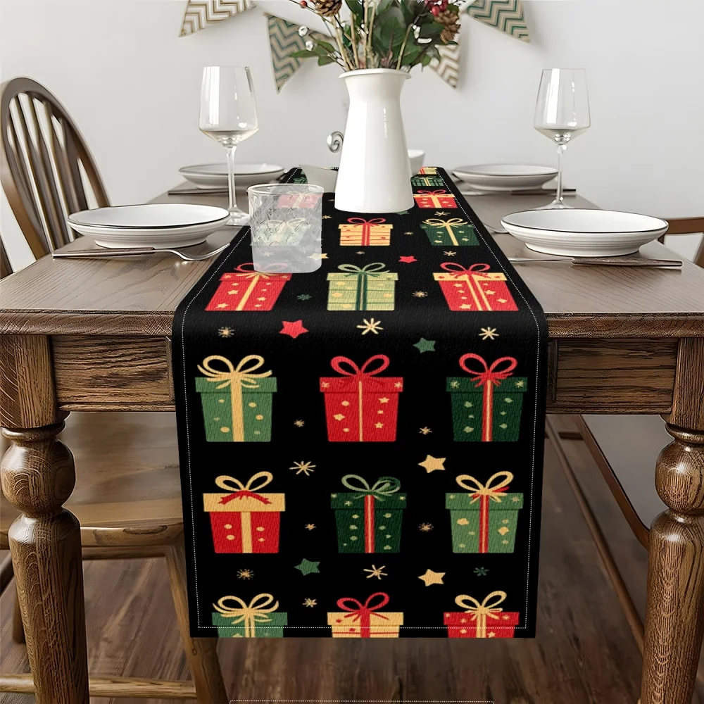 Eleganter Weihnachts-Tischläufer, langlebiger Stoff mit Geschenkboxen, Schleifen und Schneeflocken, perfekt für Weihnachtsfeiern und mehr
